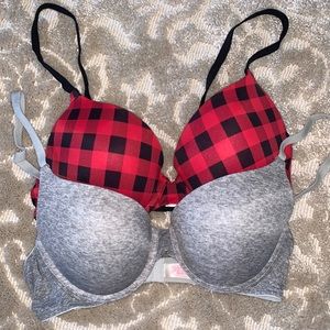 Pink Bras - Size 36B - Light Gray / Red & Black Plaid